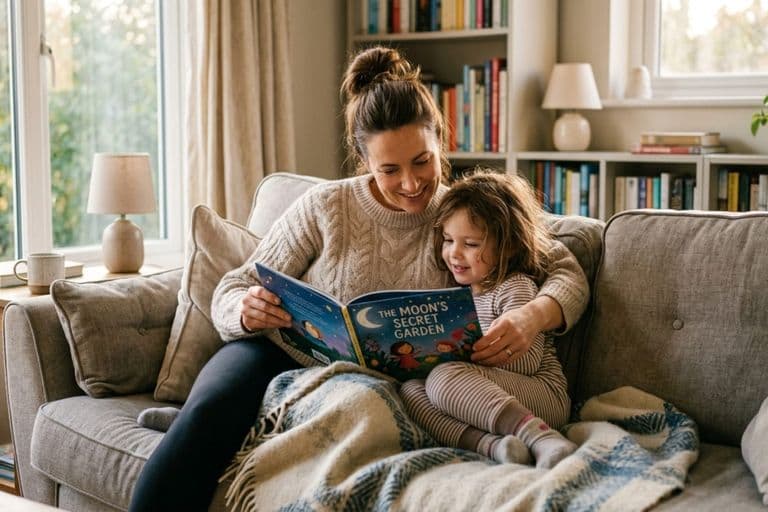 Parent and child reading together on a sofa, cosy light