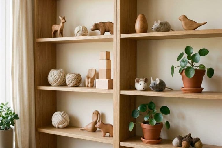 Shelf of tidy wooden and natural-material toys