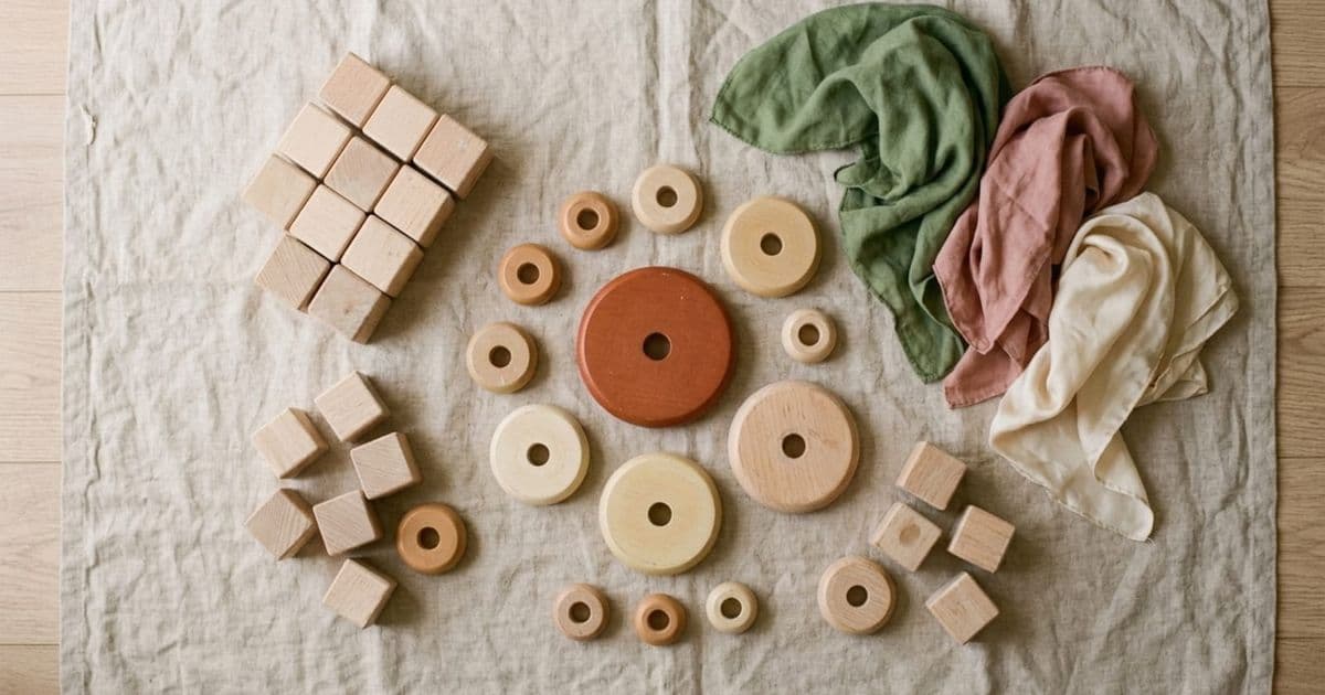 Flat-lay of well-loved wooden toys on a linen play mat