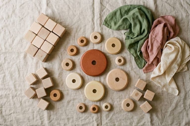 Flat-lay of well-loved wooden toys on a linen play mat