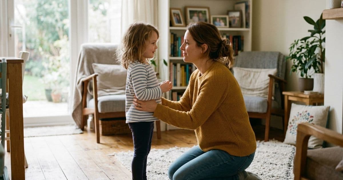 Parent kneeling to a child's level, warm and patient, natural light