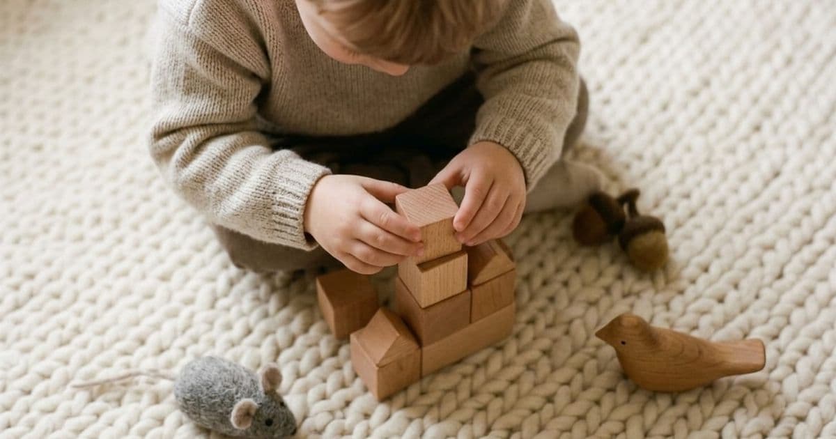 Candid shot of a child dropping blocks, mid-action, soft focus