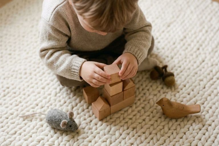 Candid shot of a child dropping blocks, mid-action, soft focus