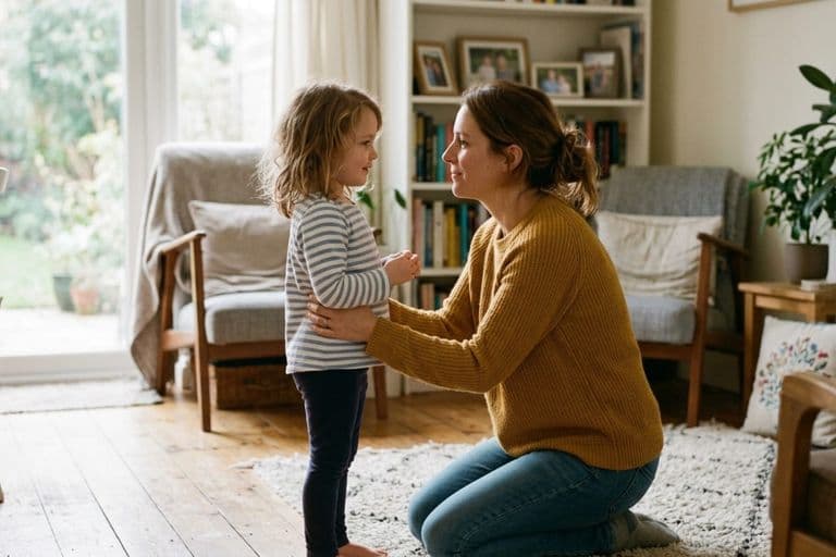 Parent kneeling to a child's level, warm and patient, natural light