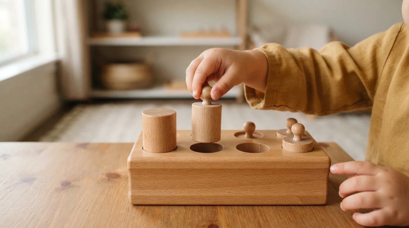 Toddler's hands placing a wooden cylinder into a knobbed cylinder block, a self-correcting Montessori material