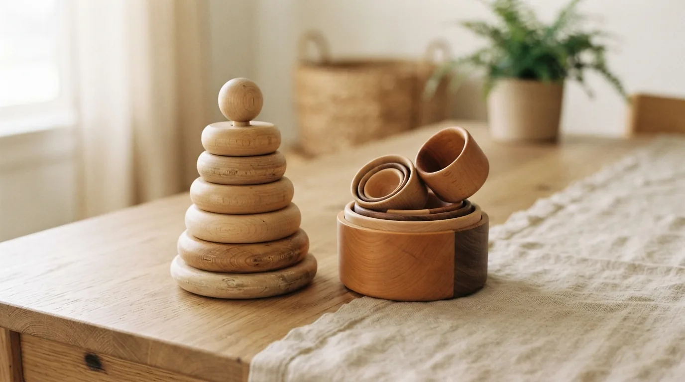 Wooden ring stacker and nesting cups on a table, classic Montessori fine-motor toys for toddlers