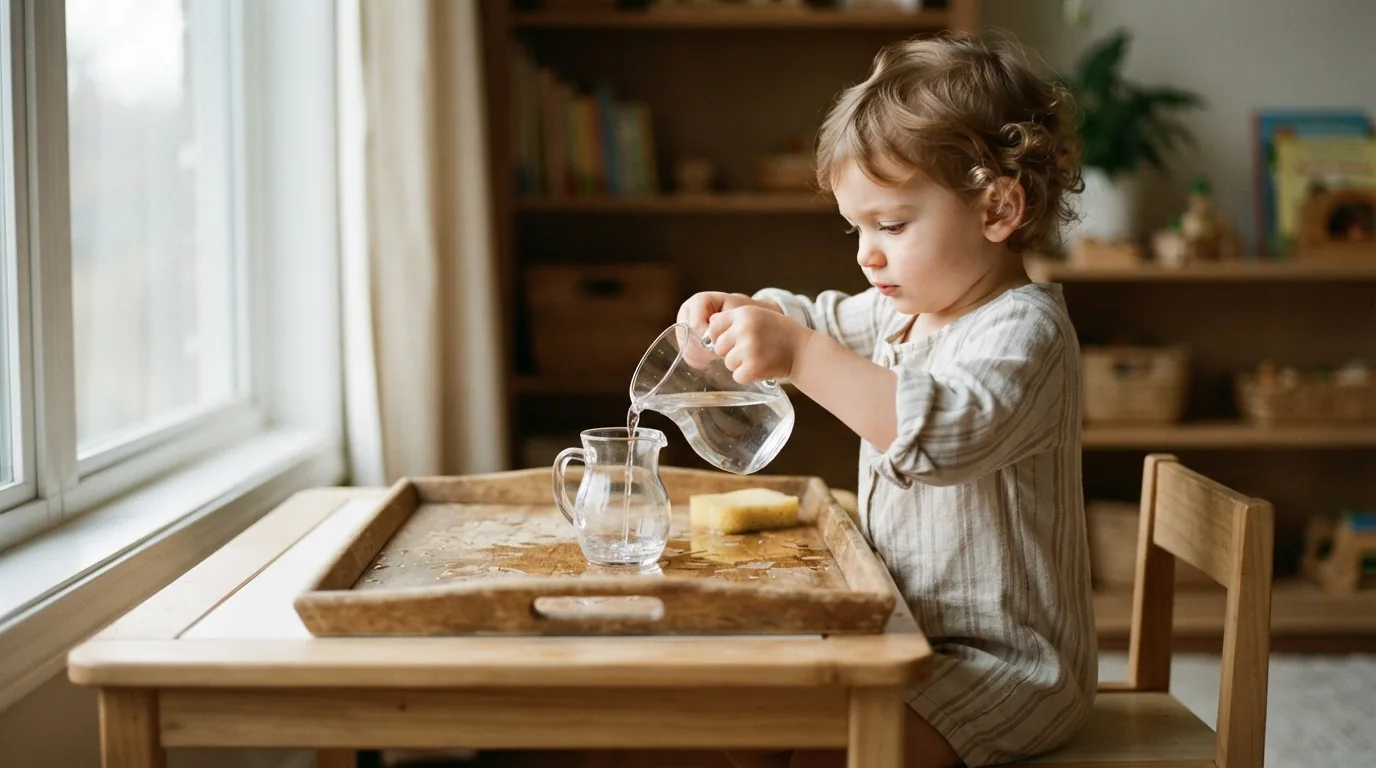 Toddler pouring water between two small glass pitchers on a tray, a Montessori practical-life pouring activity