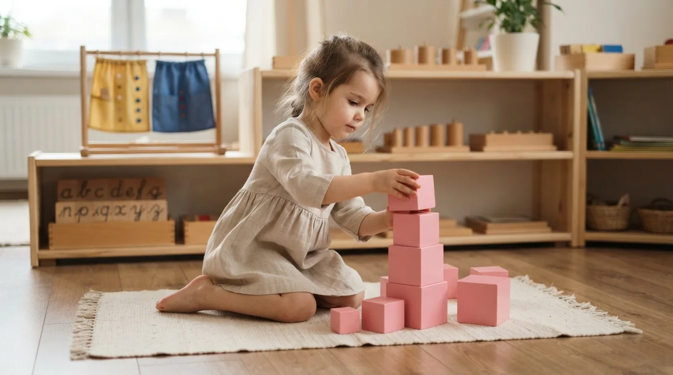 Preschooler working with a Montessori pink tower and dressing frame on a low shelf