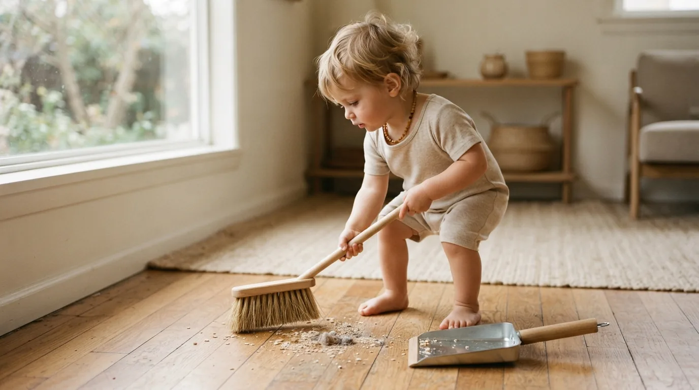 Toddler sweeping the floor with a real child-sized broom and dustpan, Montessori practical-life work